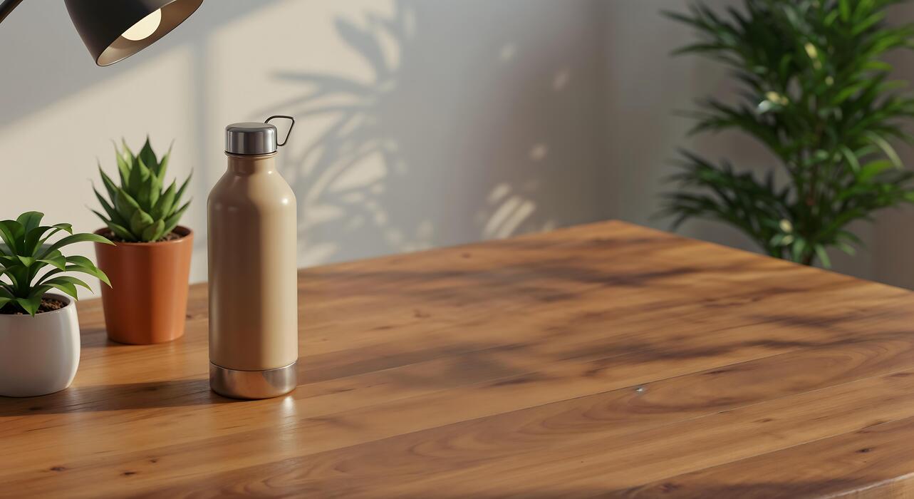 Tidy desk with a water bottle, small plant, and notebook representing an organized and intentional workspace